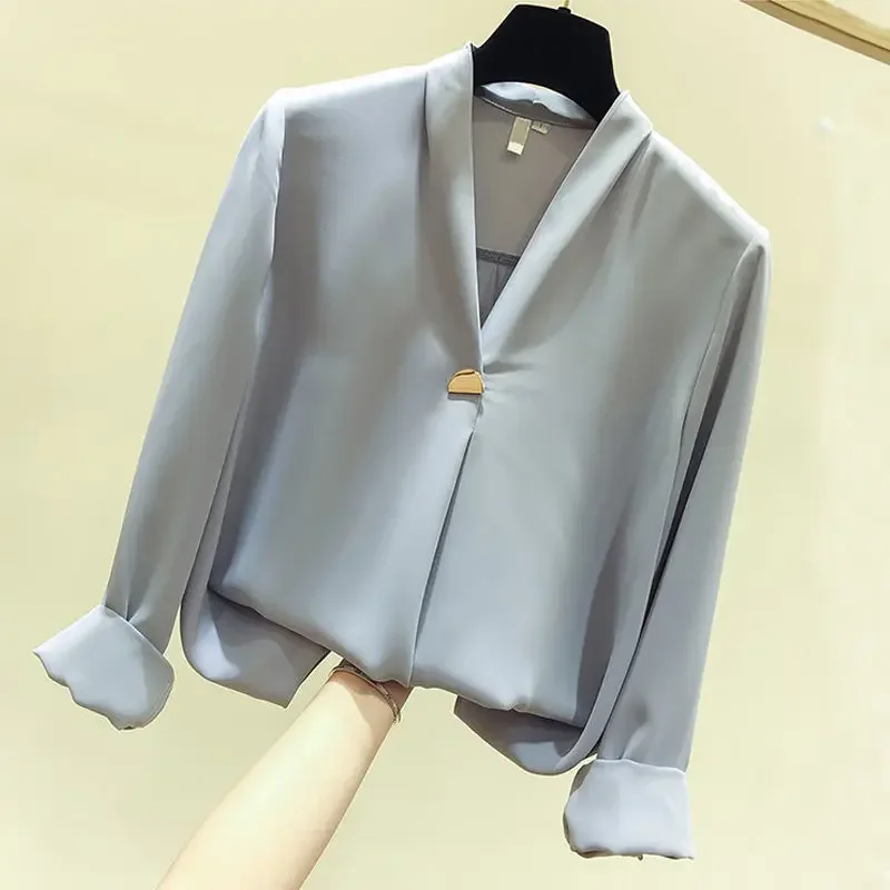 Solid Color Loose Temperament Blouse Women New Classic Long Sleeve V-neck Korean Office All-match Pullover Chiffon Shirt A265