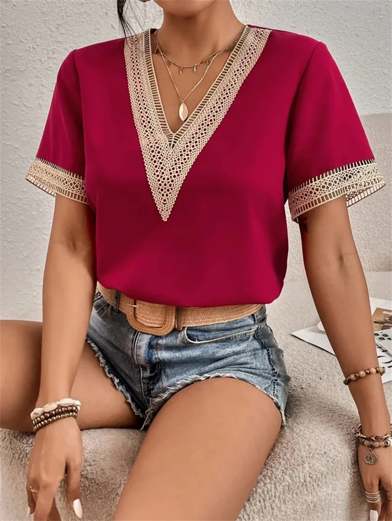 Women\'s V-neck Splicing Lace Blouse Elegant Commuter Loose Short Sleeve Shirt Female 2023 Summer British Style Daily Casual Tops