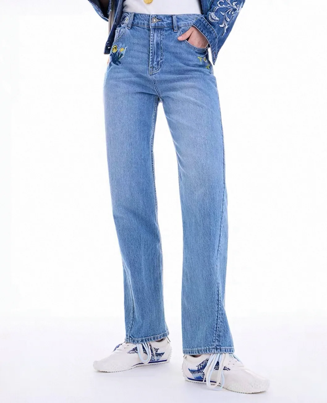

European, American, Spanish original single women's jeans embroidered floral straight leg elastic cropped pants new product