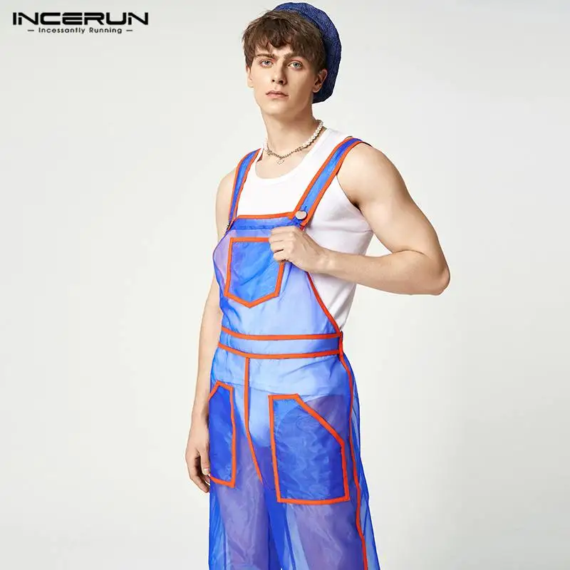 INCERUN Men Jumpsuits Mesh See Through Sexy Patchwork Pockets Sleeveless Straps Rompers Streetwear 2023 Fashion Men Overalls 5XL