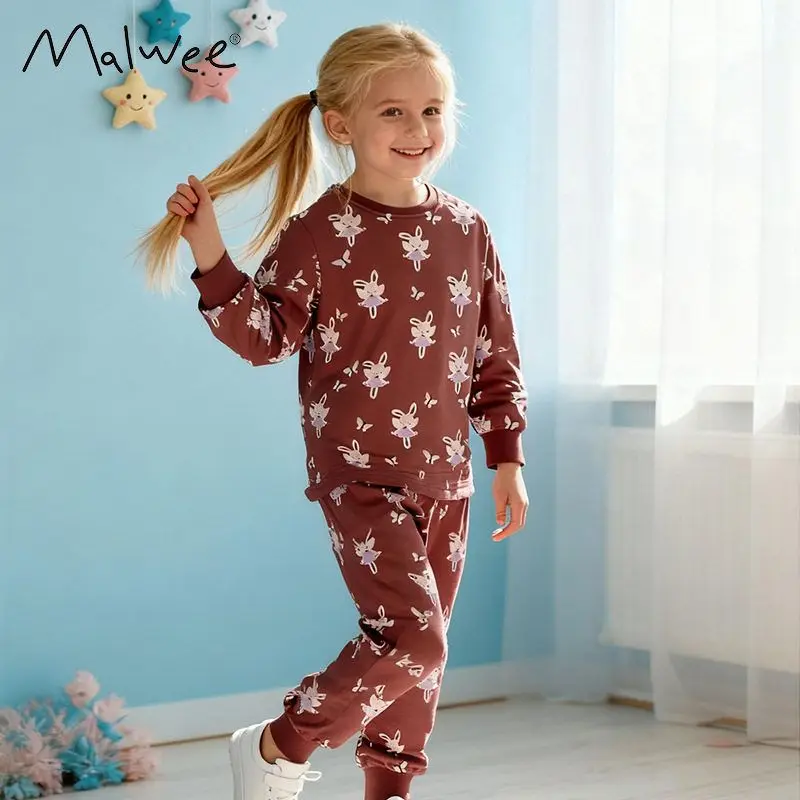 

Malwee Girls Home Clothes Cotton Print Two-Piece Set Autumn Winter Kids Faionable Spwear Suitable for Ages 2-9