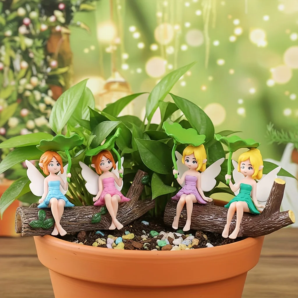 4pcs Resin for Lotus Fairy Girl Figurine Car Center Console Figurine, Desktop Cute Decorative Figurine, Micro Landscape Figurine