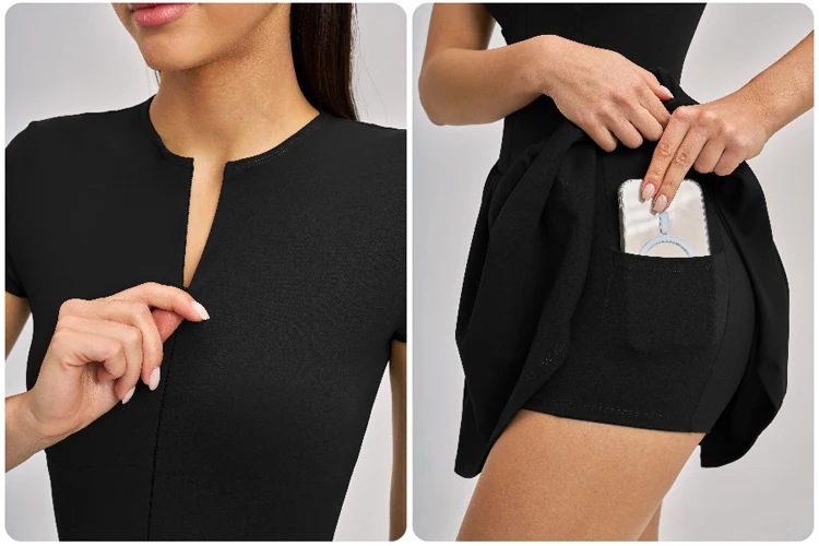 VITALINOVO Damen-Tenniskleid mit Reißverschluss vorne, Rundhalsausschnitt, fließend, plissiert, ärmellos, Mini-Golf-Sportkleid mit Shorts-Tasche – Detail 3