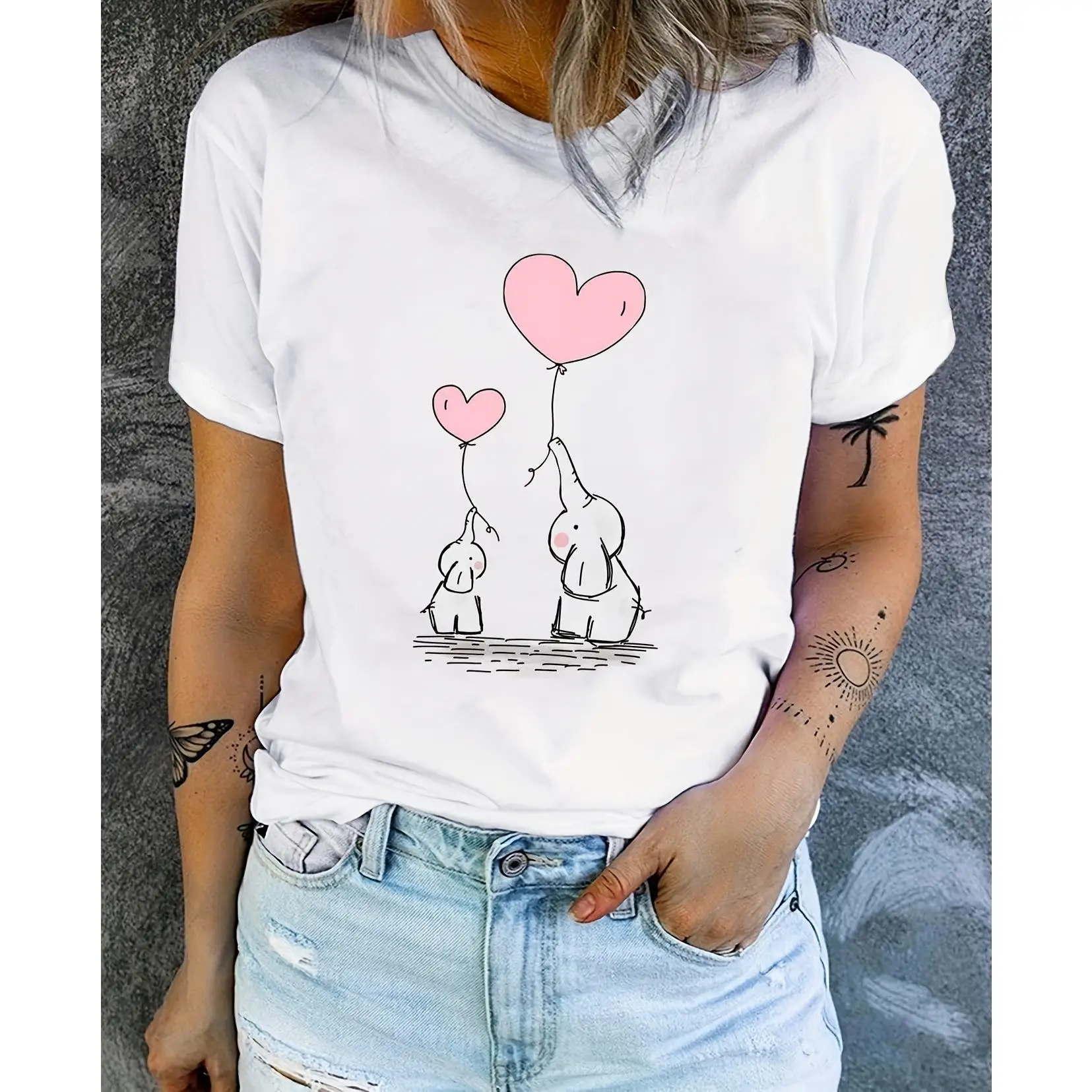 

Heart & Elephant Print Crew Neck T-Shirt, Casual Short Sleeve T-Shirt For Spring & Summer, Women's Clothing