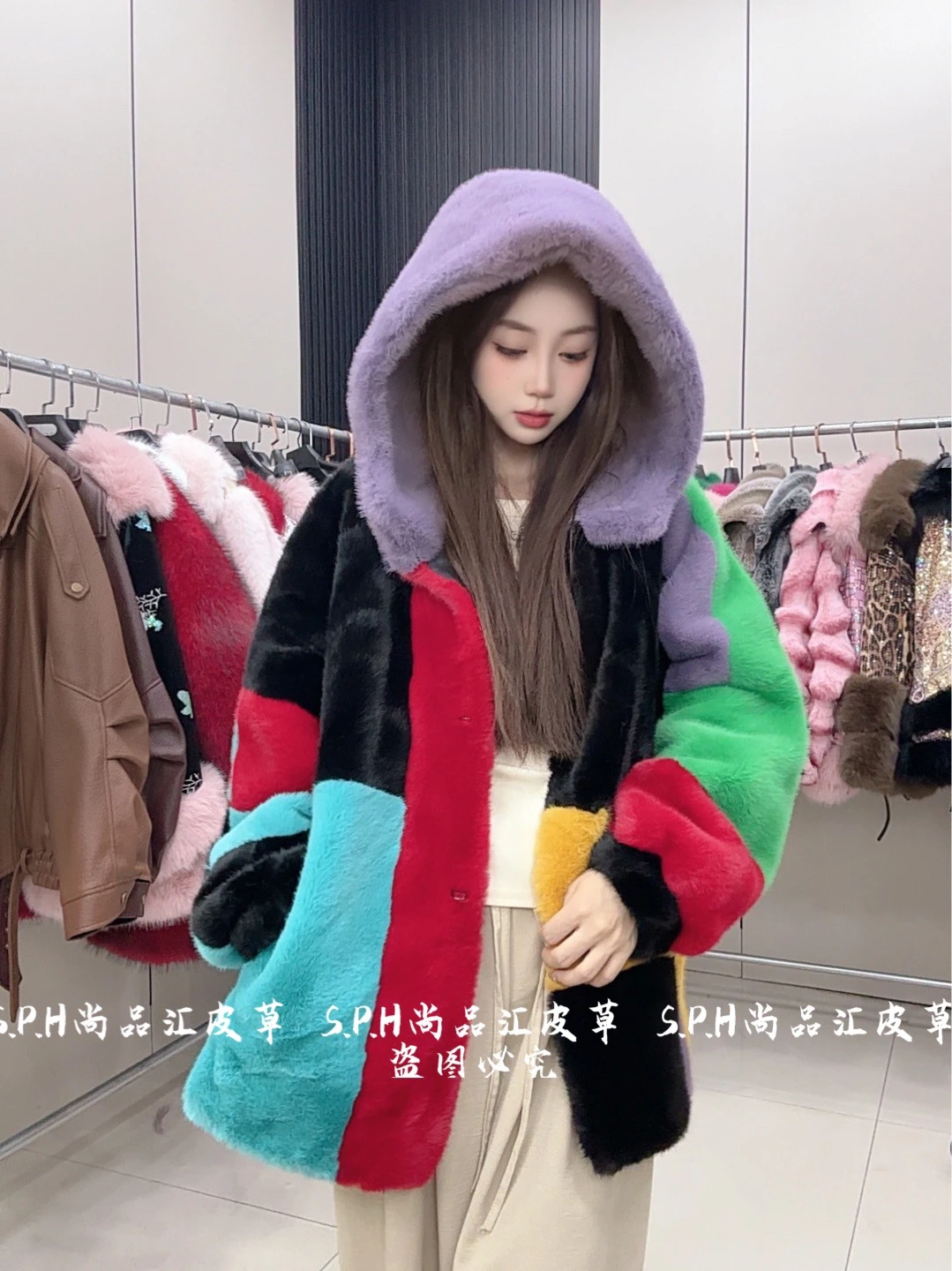 Geometric Hooded Faux Fur Jacket New Women's Winter Thickened Color-Block Long-sleeved Casual Loose Warm Comfortable Furry Coat