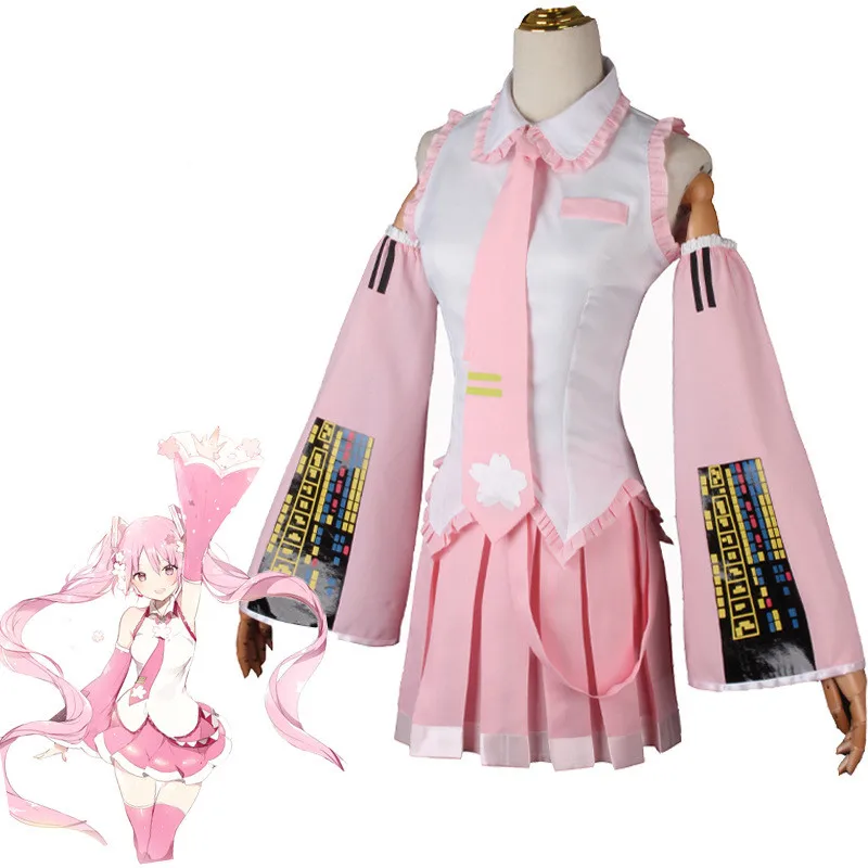 

Anime Hatsune Miku Cosplay Costume Kawaii Pink Maid Top Skirt Hand Sleeve Tie Belt Socks Gifts Halloween Props