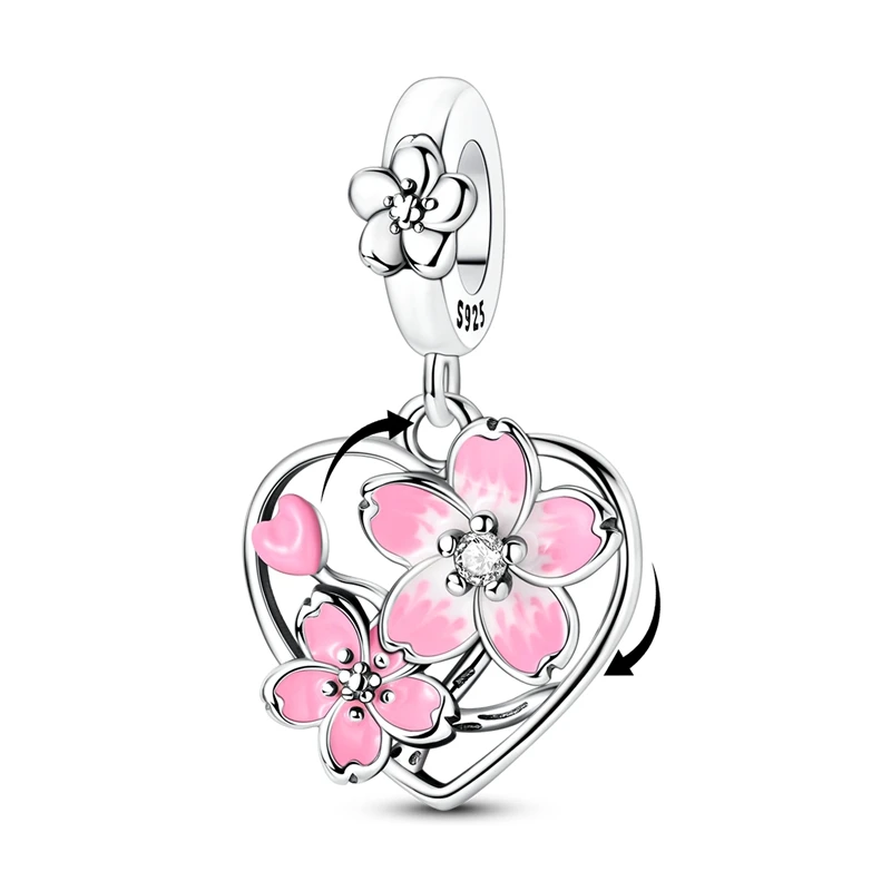 

925 Sterling Silver Charms Bead Spinning Cherry Blossom Dangle Fit Original Bracelet DIY Women Jewelry