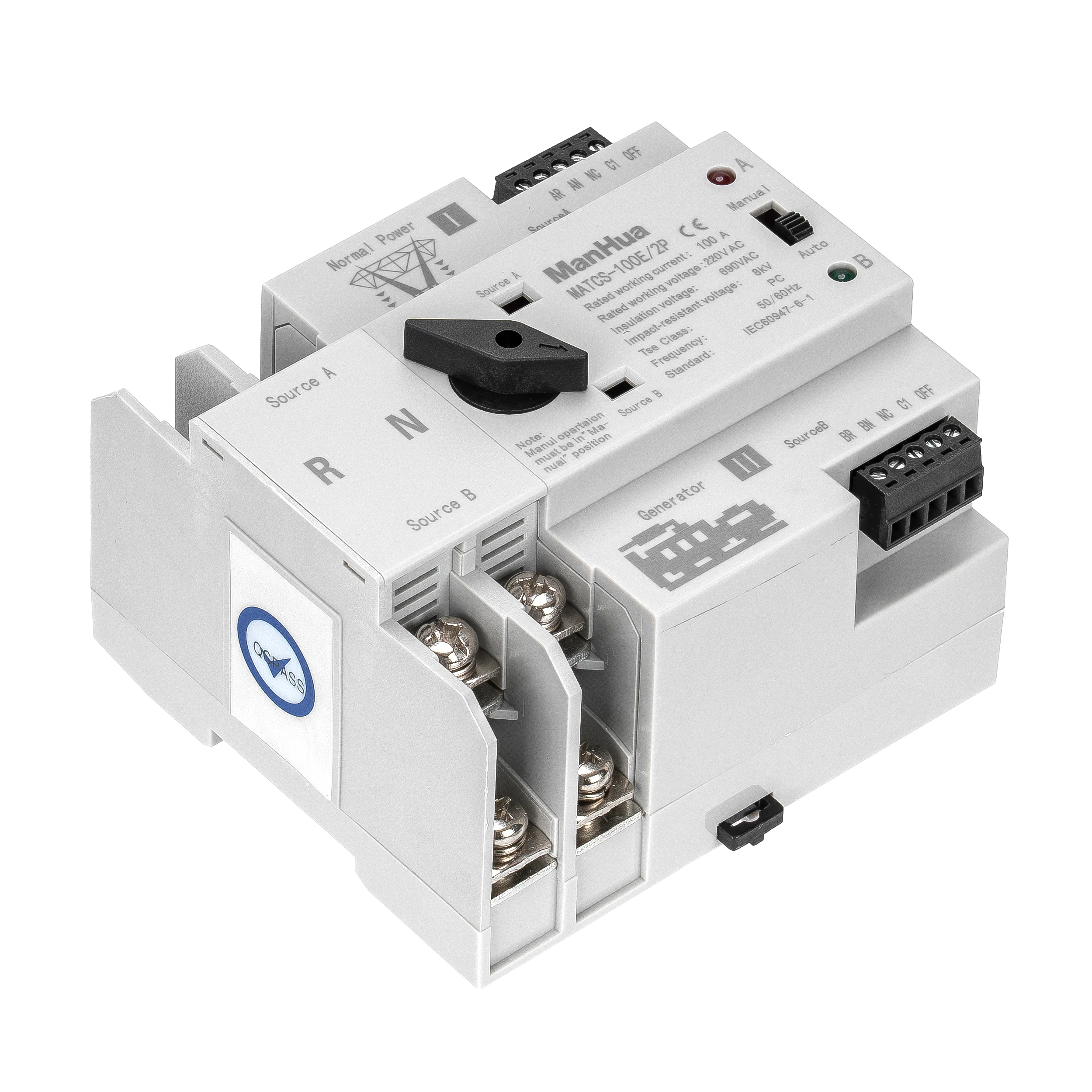 ManHua  MATCS-100E/2P  100A 220VAC  Dual Power  Automatic Transfer Switch PC Type Switch DIN-Rail Mounting  Black Handle