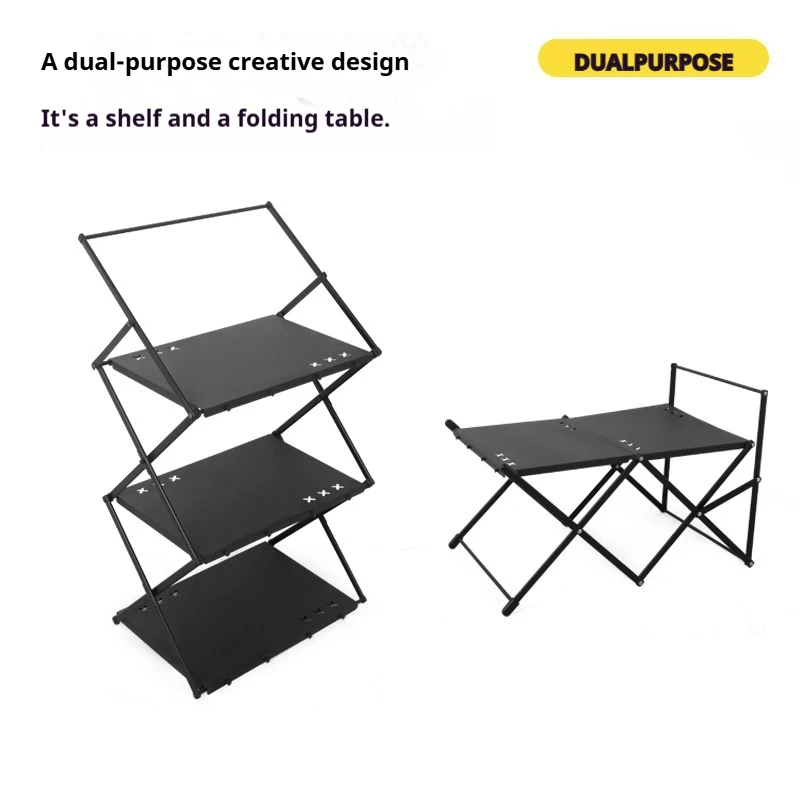 

Outdoor Black Aluminum Camping Shelf 2-in-1 Folding Table Portable 3-Tier Storage Rack Lightweight Organizer for Picnic BBQ