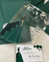 Transparent PVC Blackish Green Clear Invite Acrylic Personalized Custom Sweet 15 Quinceanera Party Aesthetic Birthday Invitation