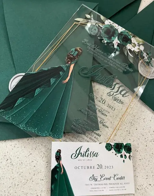 Przezroczysty PVC Czarniawo-zielony Przezroczysty zaproszony akryl Spersonalizowany niestandardowy Sweet 15. Quinceanera Estetyczne zaproszenie urodzinowe