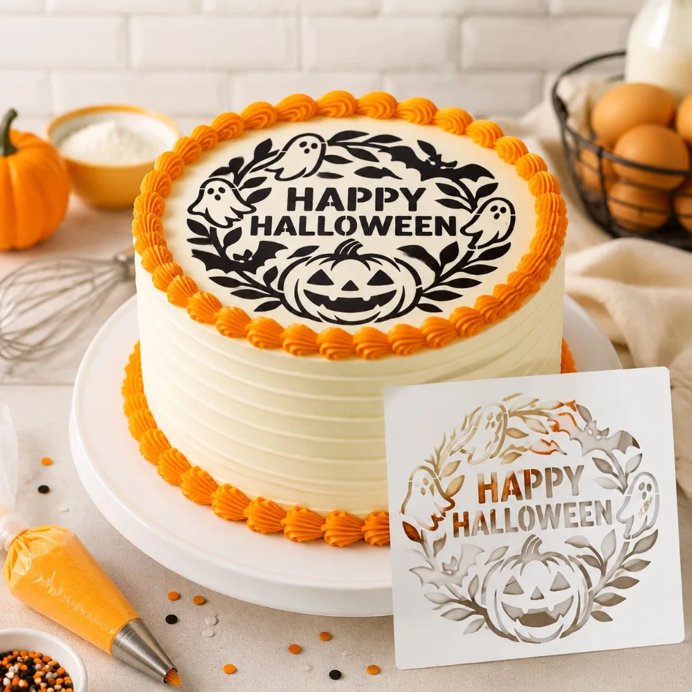 1Pc Halloween Pumpkin Ghost Bat Wreath Cake Stencil PET Food Grade Hollow Template Cookie Fondant Wedding Birthday Decor