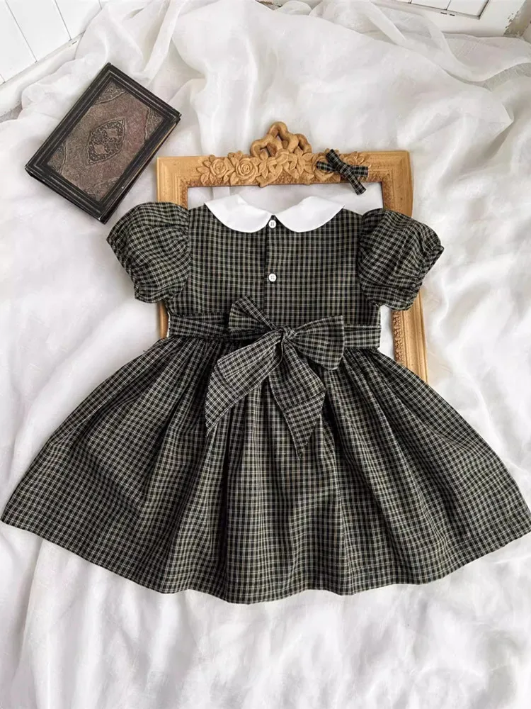 2024 Vintage Preppy Style Girl Dress Plaid Puff Sleeve Party Dresses for Baby Girls Cute Clothing with Lace Up Hand-Made Frocks