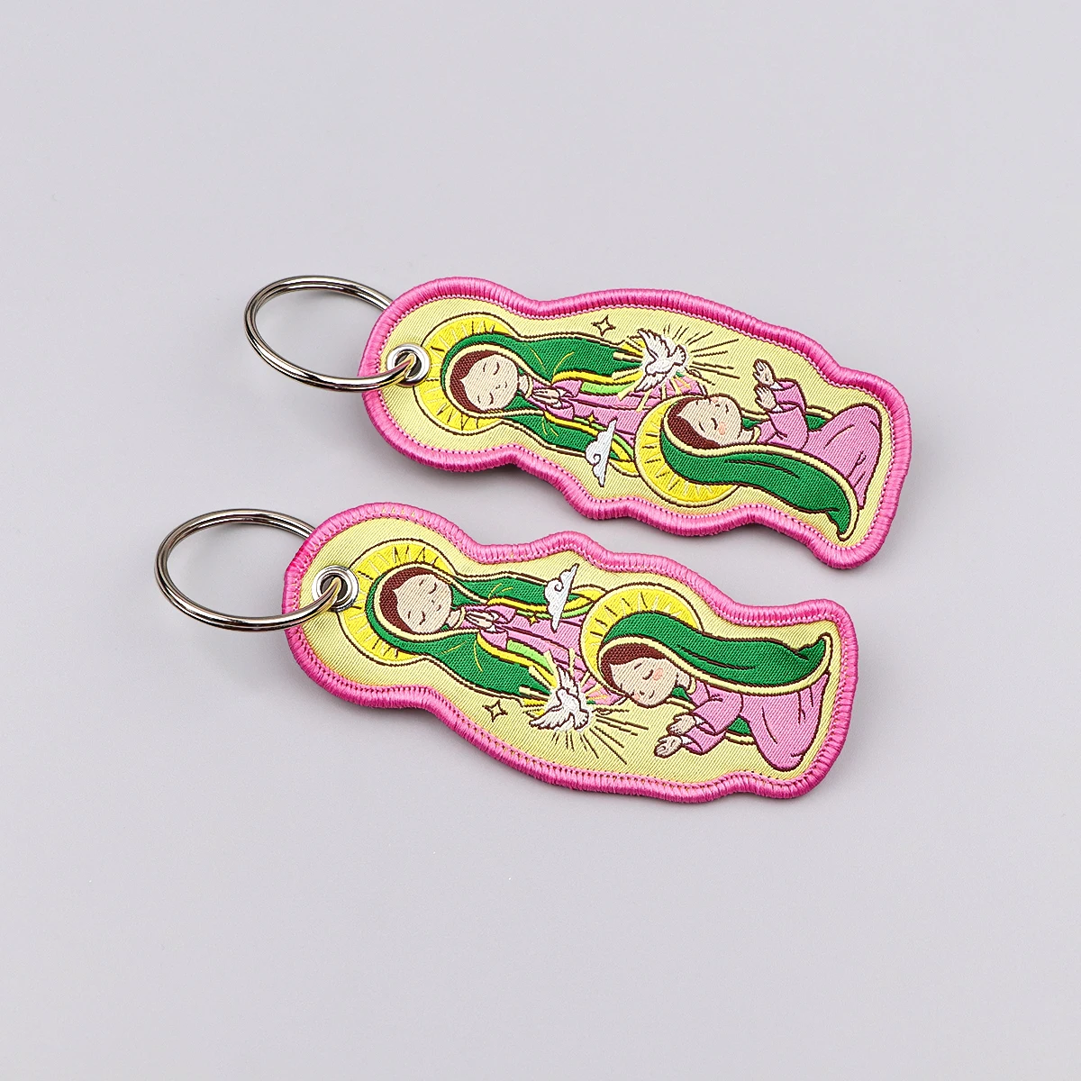 Irregular Shape Embroidery Key Tag Cute Animal Mushroom Sports Religious Pattern Keychain Metal Key Ring For Backpack Bag Gift