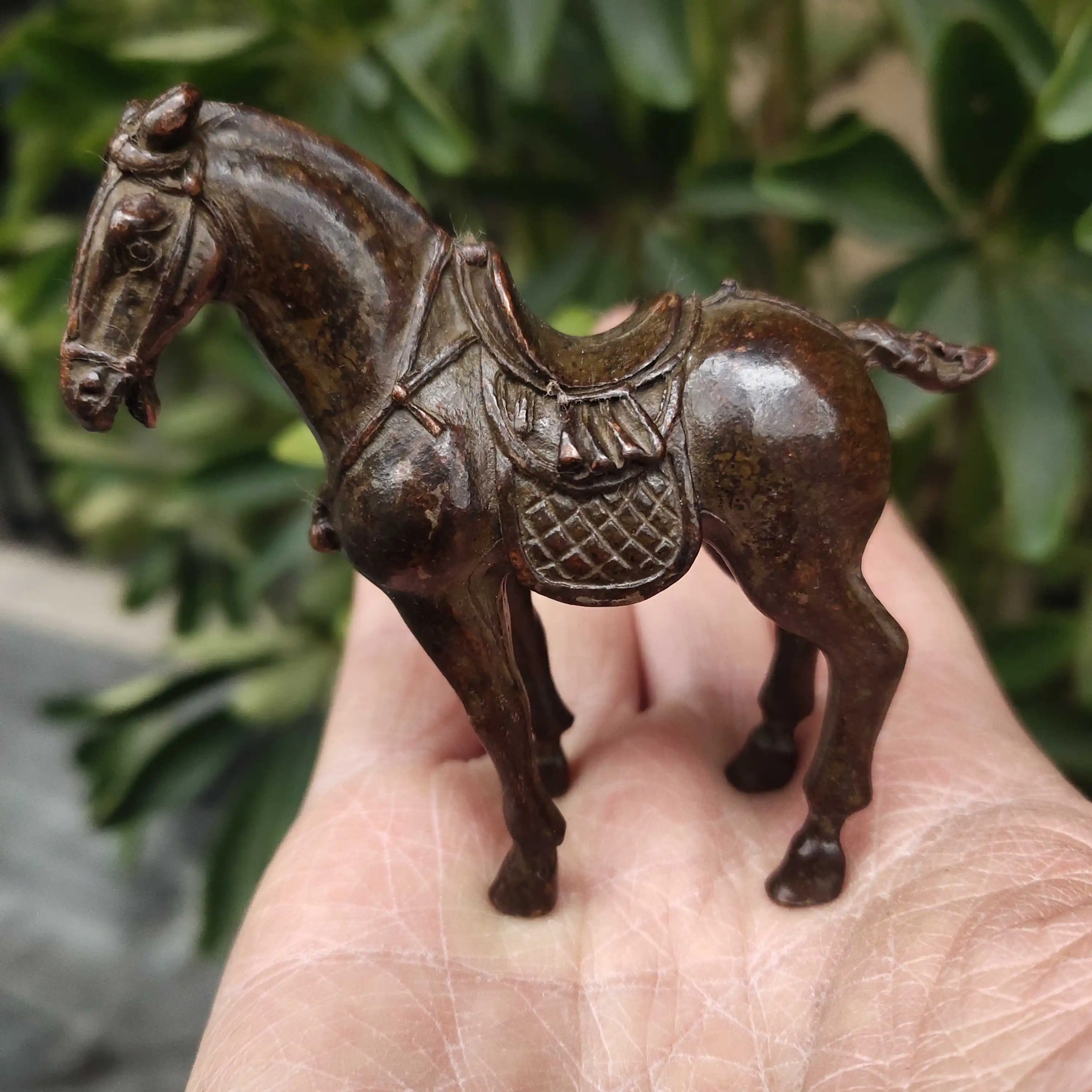 

Antique Bronze Small Tang Horse, Steed with Saddle Pony, Handle Piece, Collection