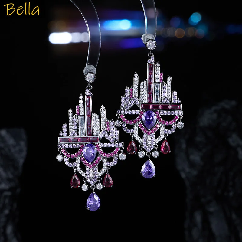 unique earrings for women zirconia luxury jewelry building castle dangling earrings purple blue fushia dinner party jewelry