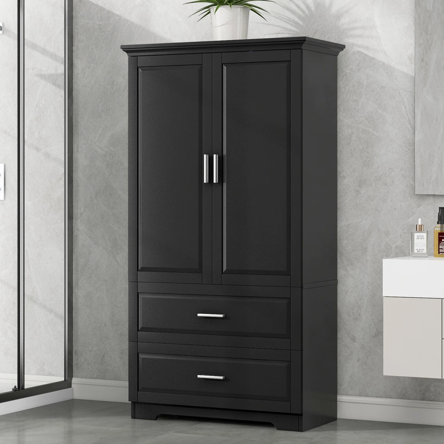 

Tall Black Bathroom Storage Cabinet with Adjustable Shelf