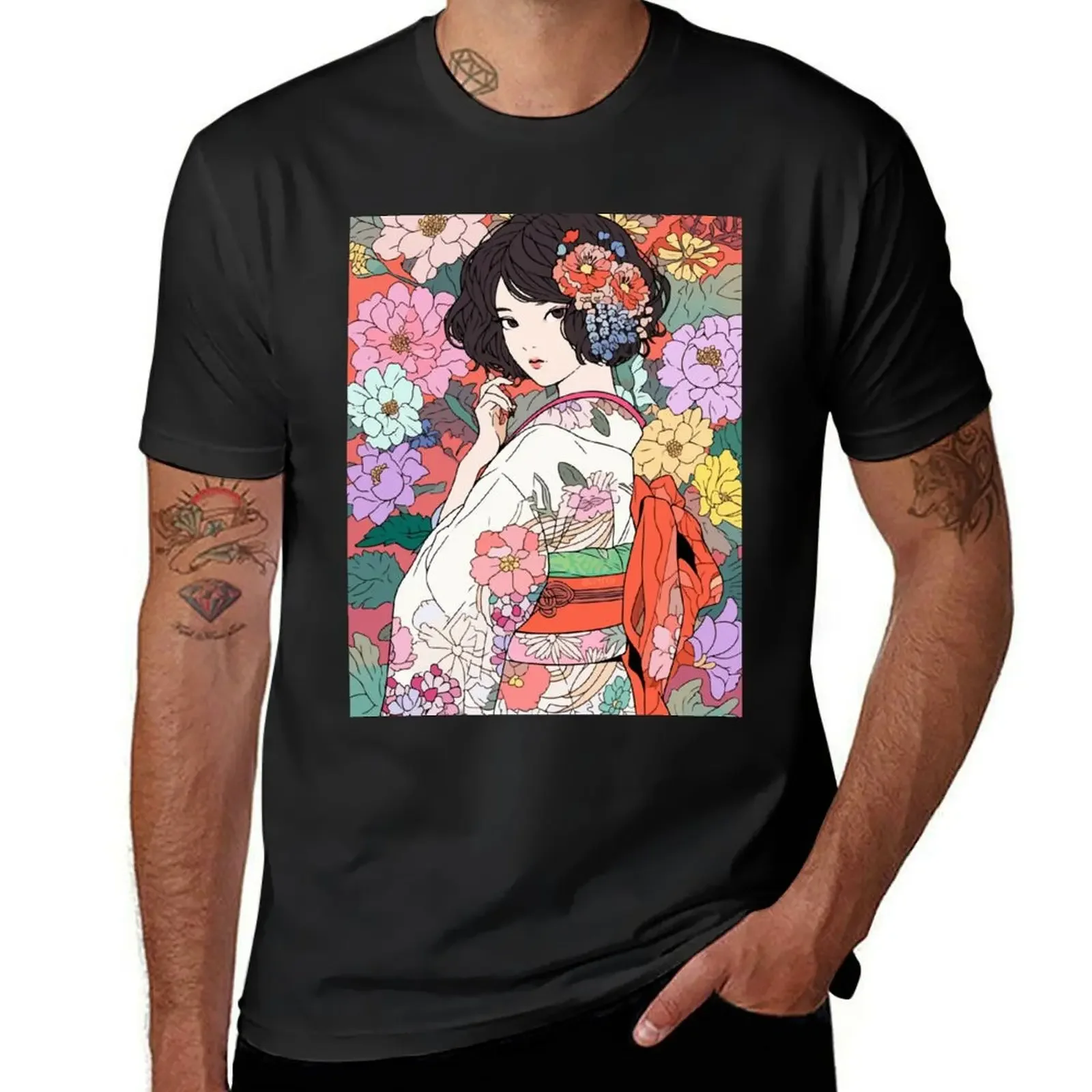 Kawaii Kimono Girl Flowers Japanese Anime Art T-Shirt Blouse boys whites tees plain white t shirts men