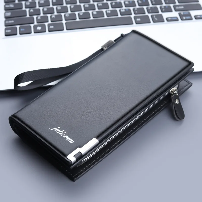 Fashion Long Men's Wallets Large Capacity Multi-function Card Holder with Zipper Solid Color PU Leather Purse Mobile Phone Bag