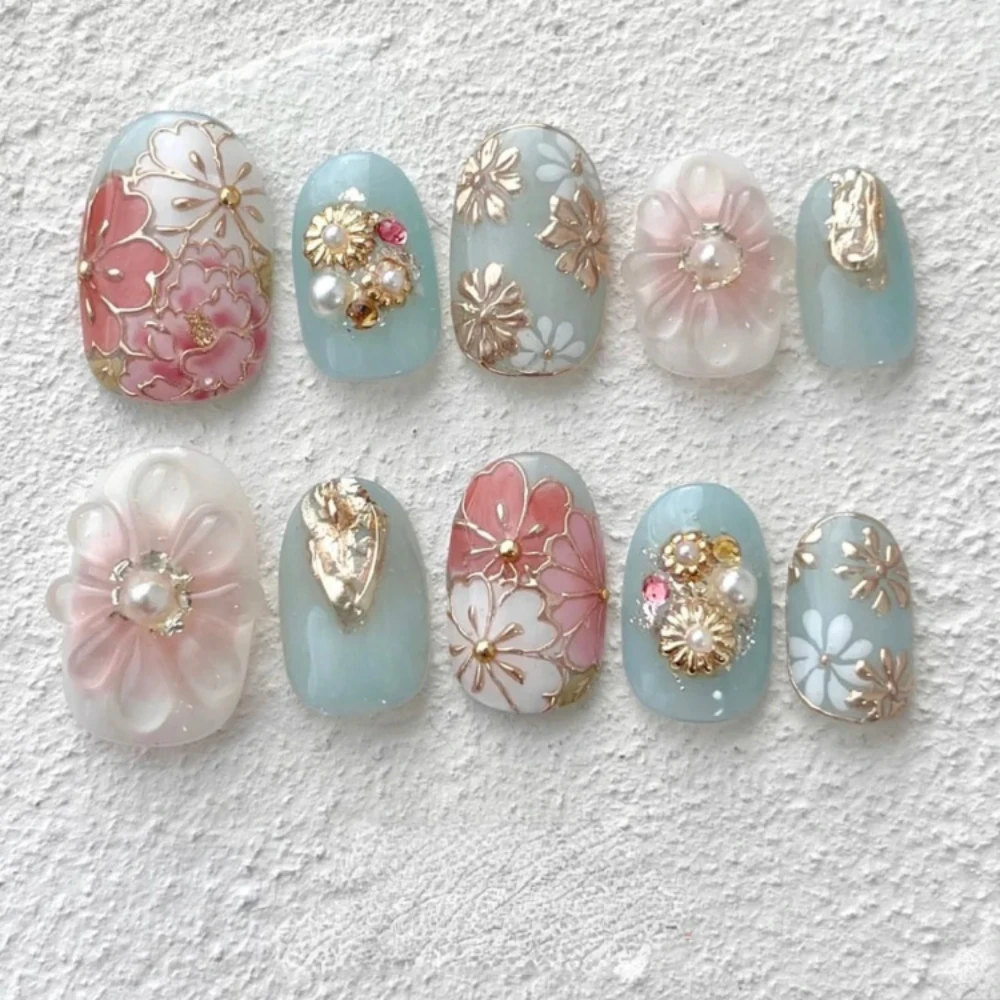 10 Pcs Handmade Spring/Summer 2025 Press On Nails Painting Flowers Pearl Fasle Nails 3D Japanese Style Nails Fake Nails with Set