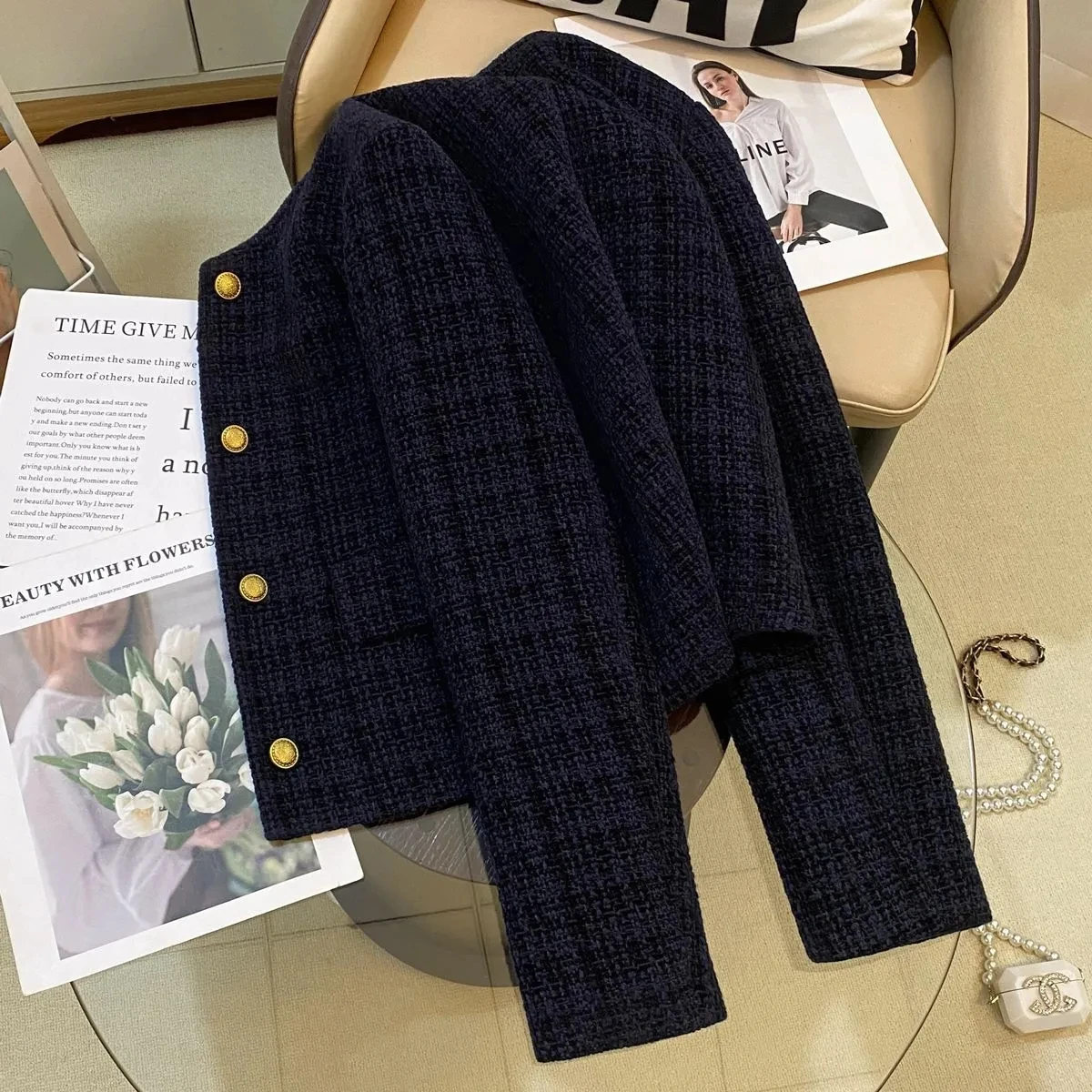 Spring Autumn Women Navy Suits Jacket New Fashion Casual Lined Short Coat Ladies Xiaoxiangfeng Blazer Outwear