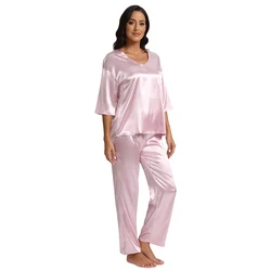 Womens Silk Satin Pajamas Loungewear Two-piece Sleepwear Pj Set