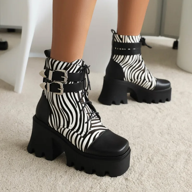 Super High Cutout Heel Square Toe Women's Ankle Boots Zebra Print Mixed Colors Double Row Metal Buckle Cross Lace Short Boots