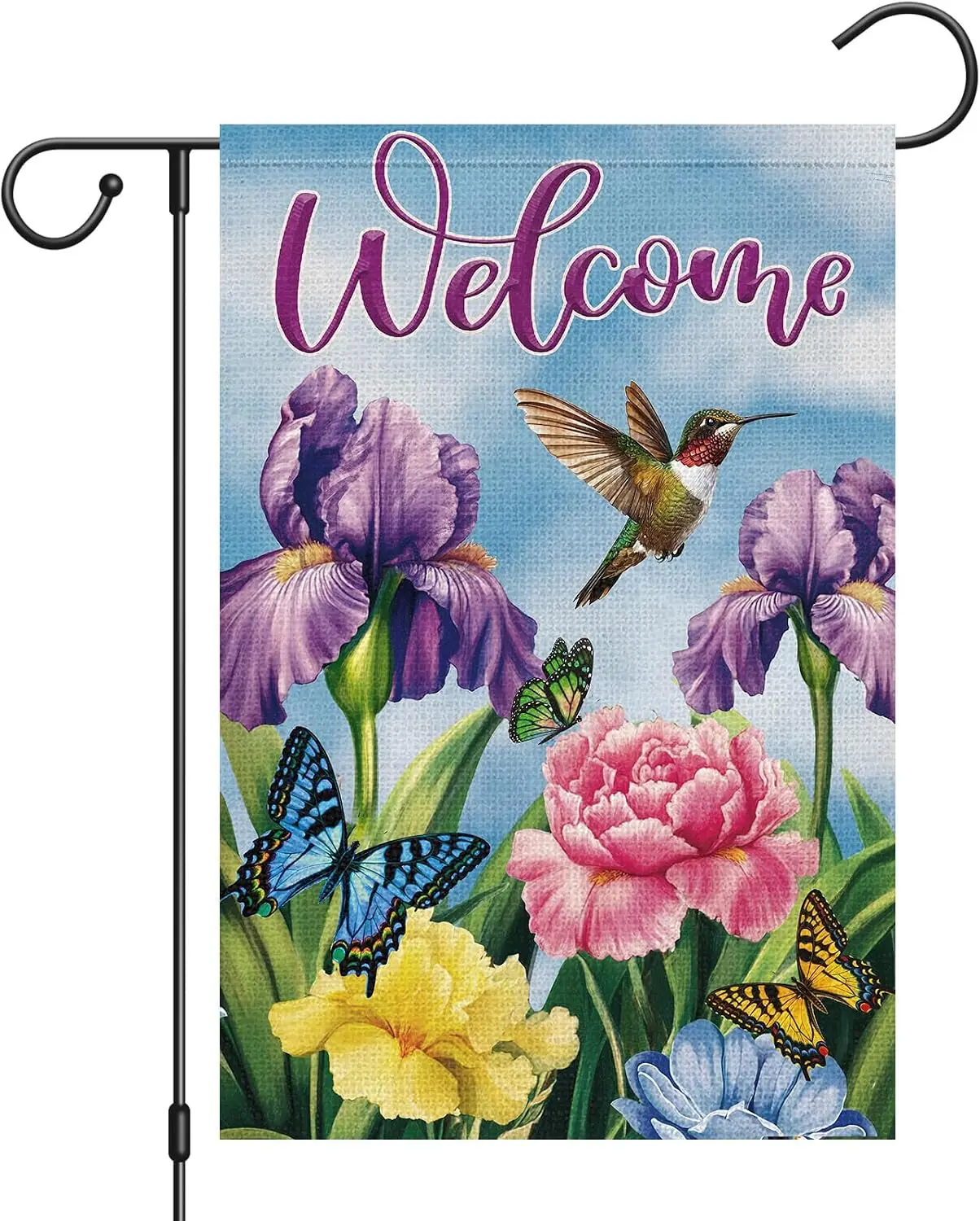 TIENO Welcome Spring Summer Garden Flag 12x18 Inch Double Sided Burlap Hummingbird Iris Garden Flags Spring Butterfly Flower PPZ