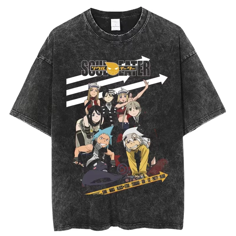 Japan Anime Soul Eater Printed Washed Cotton T‑shirt Unisex Casual Loose Manga Harajuku Short Sleeve Streetwear Fashion Tops