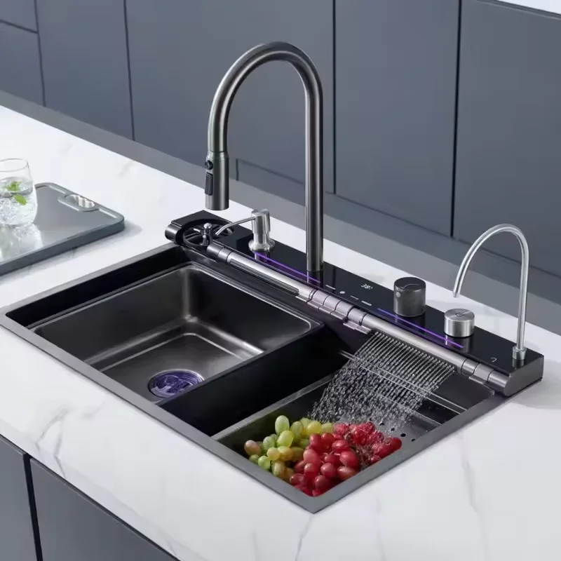 

Матовый серый нано-шаговый выдвижной смеситель с цифровым дисплеем, умная кухонная раковина под креплением, наборы кухонных мойков с водопадом