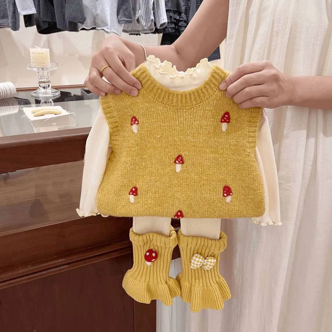 

Kids Baby Girl Autumn 2PCS Clothes Set Solid Ruffle Undershirt Cartoon Jacquard Knitted Vest Outfit Infant Girl Spliced Leggings