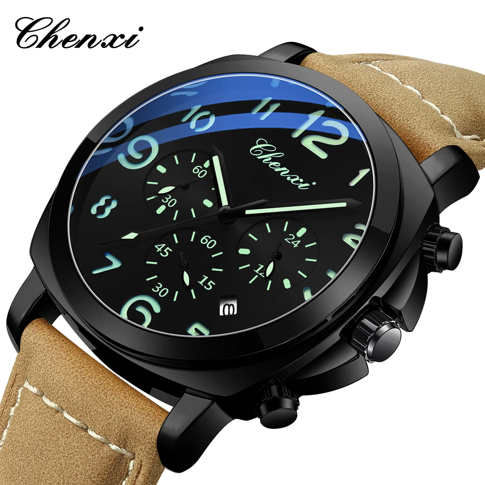 Chenxi 954 Top Brand Waterproof Men Watch Leather Strap Sports Quartz Mens Watches Chronograph Wristwatch Men Relogio Masculino