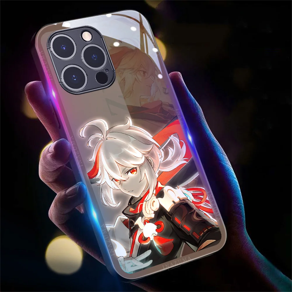 Cool Genshin Cartoon Pattern Smart LED Light Glow Tempered Glass Phone Case For Samsung S26 S25 S24 S23 S22 S21 S20 Plus Ultra