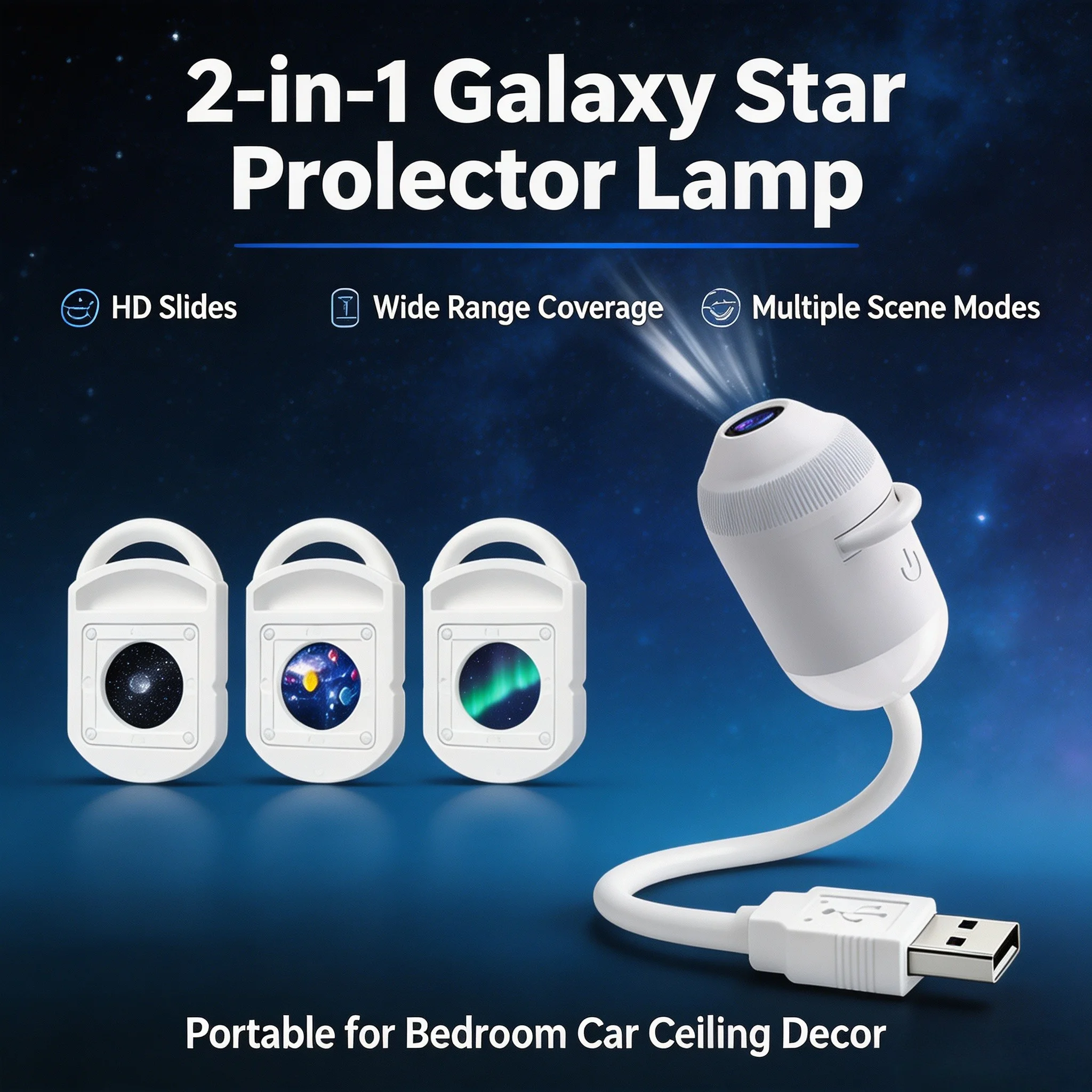 Portable 2 in 1 USB Starry Sky Projector Night Light HD Slides Nebula Aurora Ambient Mood Lamp for Bedroom Car Decor