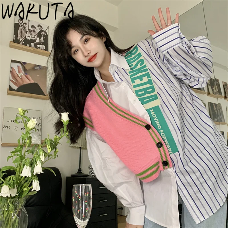 WAKUTA New Patchwork Striped Shirts Women Korean 2024 Spring Autumn Oversize Casual Streetwear Long Sleeve Fake 2 Piece Tops