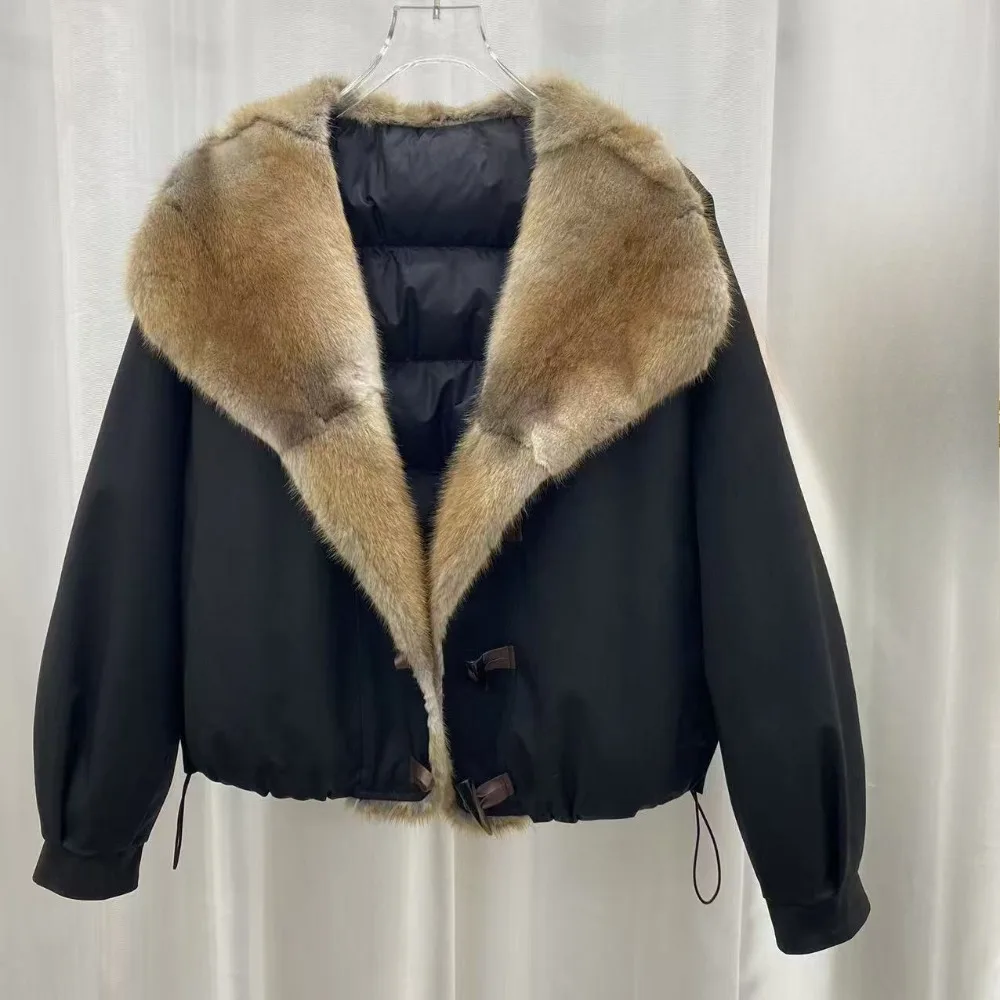 Women Natural Real Fur Coat Winter Oversized Goose Down Coat Casual Warm Loose Puffer Jacket Fashion Premium Outerwear Jacket