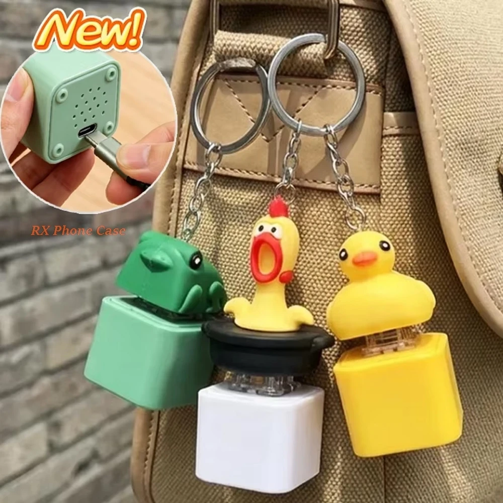 4pcs New Funny Stress Relief Croaking Frog Duck Keychain Rechargeable Keyboard Fidget Clicker Sound Keyring with LED Light