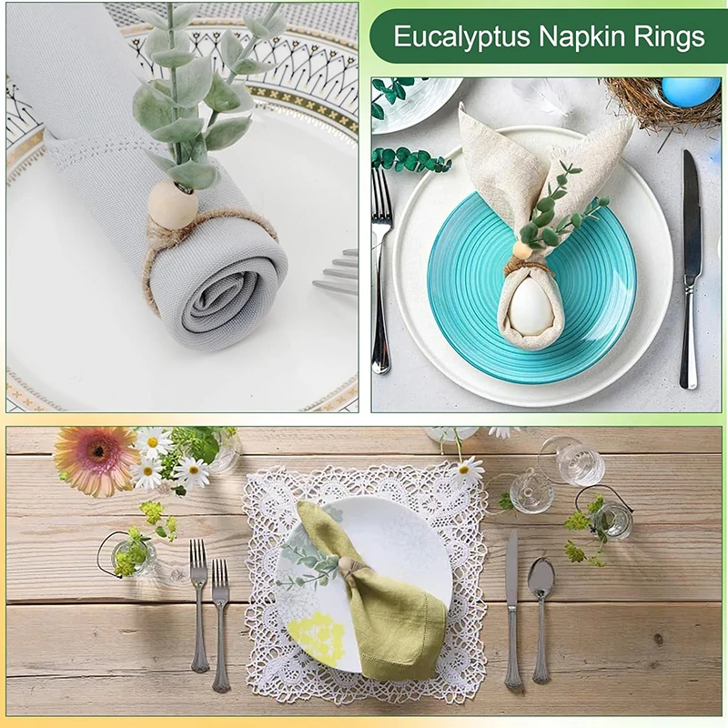 4pcs Eucalyptus Leaf Rings Wood Bead Farmhouse Napkin Rings for Dining Banquet Wedding Christmas Easter Holiday Table Decoration