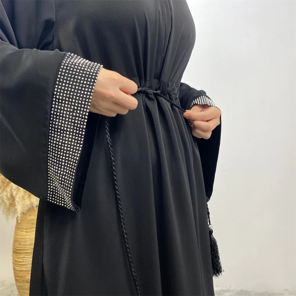 Mujeres musulmanas Abaya diamante abierto frontal cremallera largo Maxi vestido Turquía Kaftan Eid fiesta árabe vestido islámico Dubai mujer Jalabiya bata