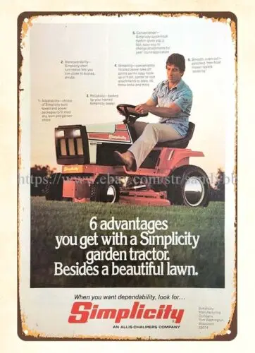 1979 Allis Chalmers Simplicity garden tractor lawn mower metal tin sign