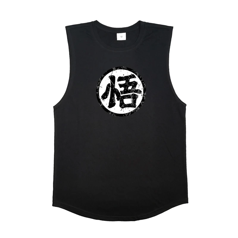 Japanese Anime Wu Font Funny Print Fitness Tank Tops Mens Cotton Bodybuilding Stringer Vest Gym Clothing Sports Sleeveless Shirt