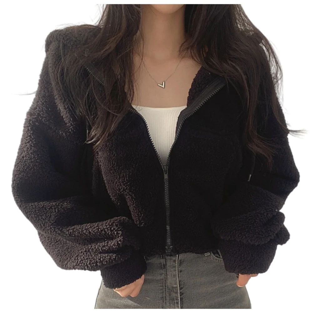 Womens Casual Cropped Hooded Jacket Polyester Material Lamb Fleece Lining Lightweight Warm Layer for Any Season