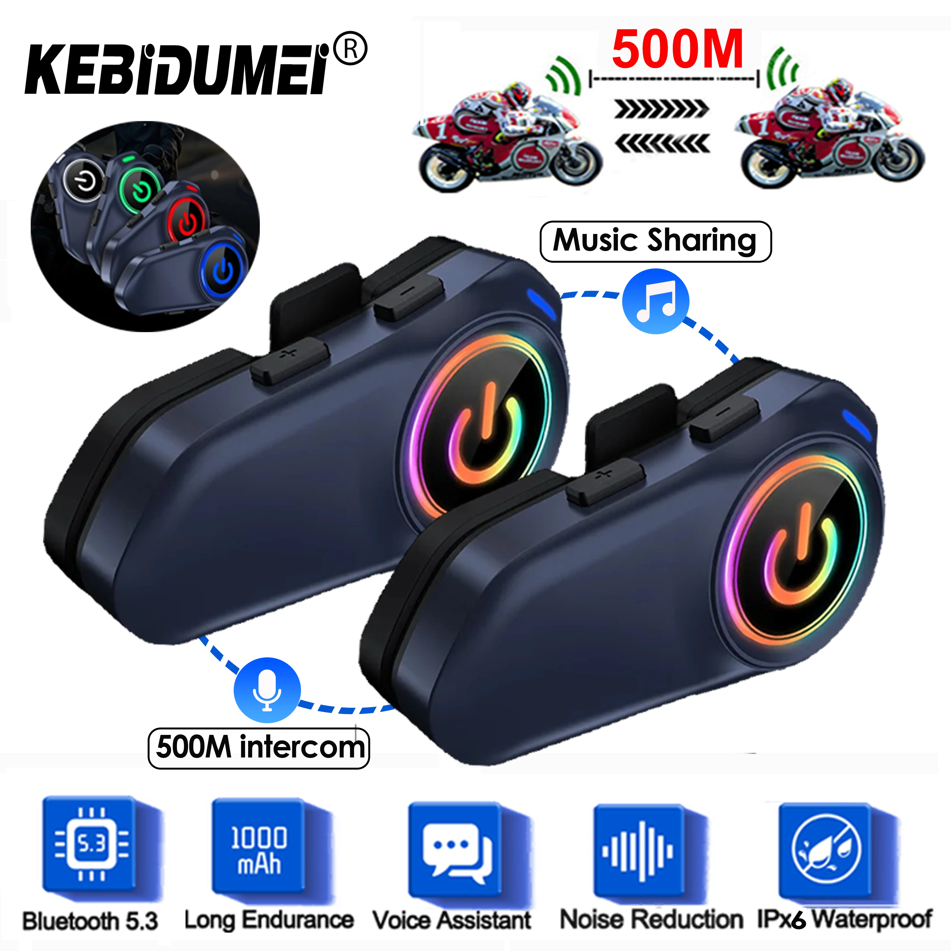 

500M Full-Duplex Helmet Intercom & IPX6 Wireless 5.3 Waterproof Motorcycle Helmet Headset 1000mah Battery Support Music Sharing
