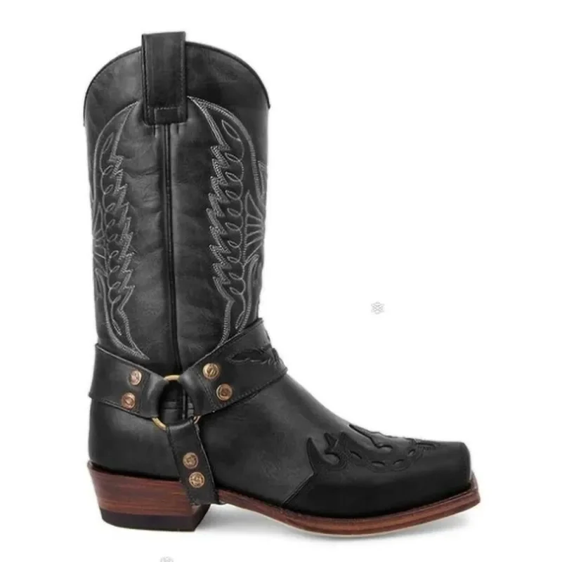 Herren Western-Cowboystiefel mit Quadratischer Zehenkappe, Retro-Stickerei, Halbhohe Ritterstiefel mit Schnallenriemen, Niedriger Absatz, Outdoor-Herrenschuhe Neu 2026 – Detail 7