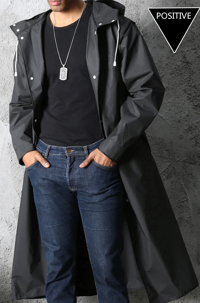 Fashion black adult windbreaker style waterproof long raincoat women's men's hooded outdoor motorcycle, bicycle, hiking, fishing