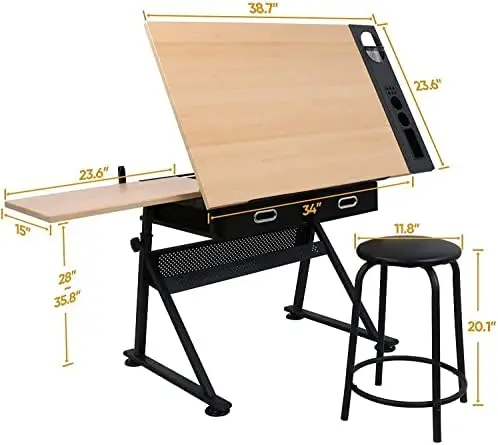 Drafting Table Art Desk with 2 Storage Drawers, Height Adjustable Drawing Table for Painters, Working, Writing, Home view 3