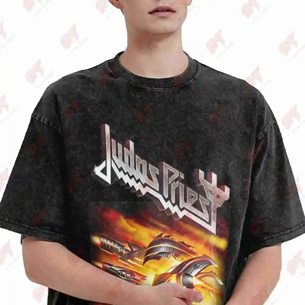 Judas Priest Firepower Band Heavy Metal Crossed Swords Flames Vintage Washed Tee Pure Cotton T-Shirt