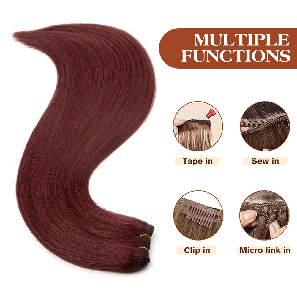 SPIKFN 다크 레드 인간의 머리카락 위사 헤어 번들 익스텐션 착용하기 쉬운 실제 기계 레미 헤어 12-24인치 50g/번들