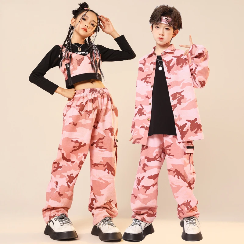 Kids Pink Camouflage Kpop Outfits Girls Jazz Dance Costume Boys Hip Hop Clothing Stage Performance Street Dance Wear SL9377