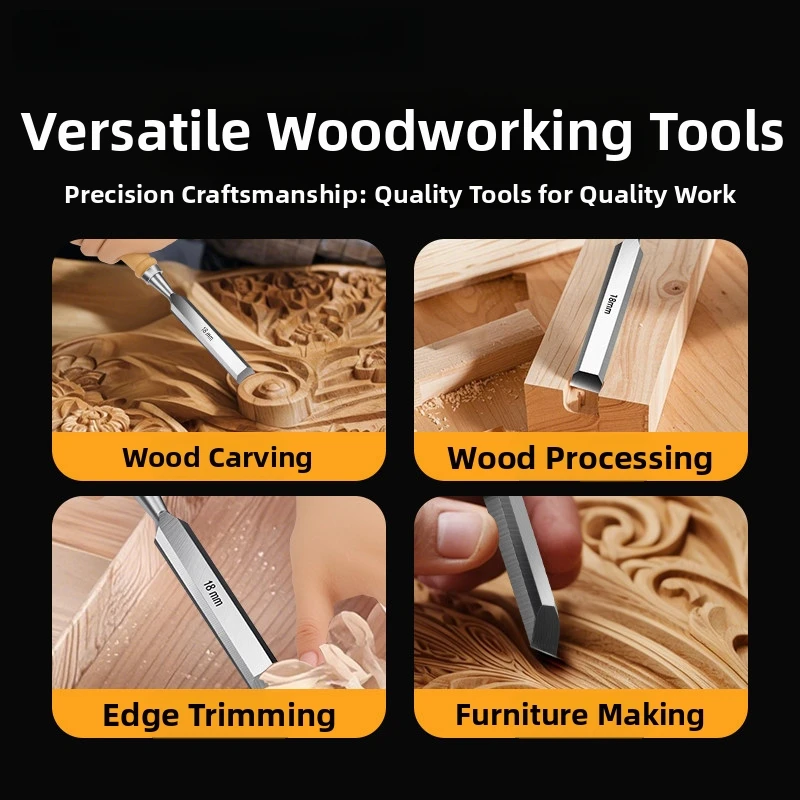 Wood Chisel Set 5Pcs Flat Shovel Chrome Vanadium Steel Alloy 6-24mm For Woodworking Carving Mortise Hand Tools With Storage Bag